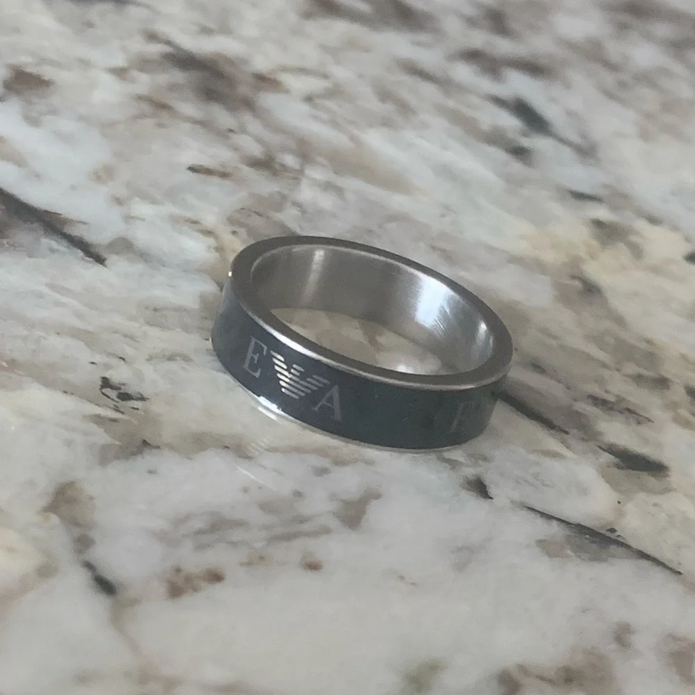 NEW Emporio Armani Black Enamel EA Logo Band, Stainless Steel, Size 9